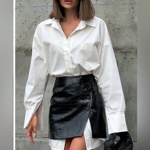 Casual Solid Shirt With Faux Leather Mini Skirt Set